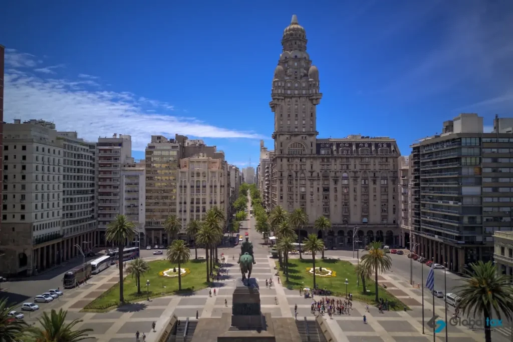 Aerial view of Plaza Independencia and Palacio Salvo in downtown Montevideo