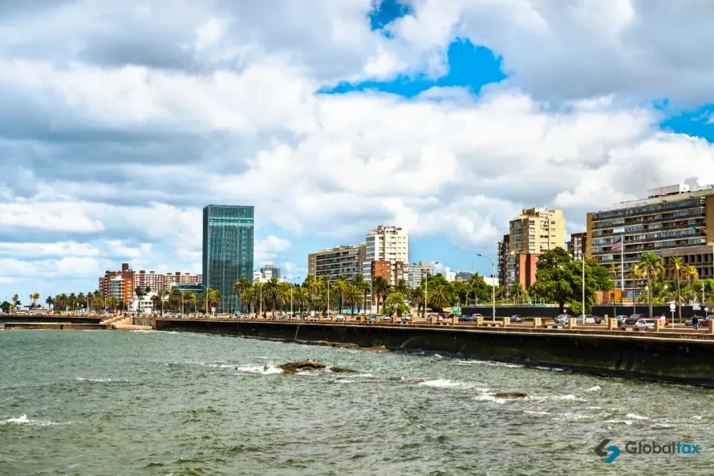 Montevideo waterfront with buildings and palm trees, a destination for digital nomads in Uruguay